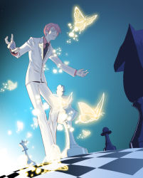 Rule 34 | 1boy, board game, bug, butterfly, checkered floor, chess, floor, formal, full body, gradient background, insect, male focus, necktie, red hair, solo, suit, umineko no naku koro ni, ushiromiya battler