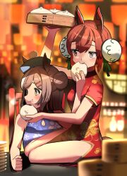 Rule 34 | 2girls, alternate costume, alternate hairstyle, animal ears, baozi, bare shoulders, blurry, blurry background, blurry foreground, brown hair, china dress, chinese clothes, commentary request, detached sleeves, double bun, dress, ear covers, ears through headwear, eating, food, hair bun, highres, horse ears, horse girl, horse tail, looking at another, looking at viewer, matikane tannhauser (umamusume), multicolored hair, multiple girls, mutual feeding, nice nature (umamusume), red hair, sitting, streaked hair, table, tail, takuan (taku1219oekaki), umamusume, white hair