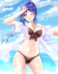 Rule 34 | 10s, 1girl, arm up, bad id, bad pixiv id, bikini, black bikini, blue hair, blue sky, blush, breasts, cleavage, clenched hand, cloud, cowboy shot, day, dress shirt, front-tie bikini top, front-tie top, hand on own forehead, large breasts, long hair, looking at viewer, love live!, love live! school idol festival, love live! sunshine!!, matsuura kanan, md5 mismatch, navel, ocean, one eye closed, open mouth, outdoors, ponytail, ponytail korosuke, purple eyes, revision, see-through, shirt, short sleeves, sky, smile, solo, standing, swimsuit, water, wet, wet clothes, wet shirt, white shirt