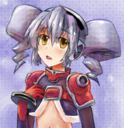 Rule 34 | 1girl, belt, disc, disc (needless), drill hair, headphones, kusuguri, long hair, looking at viewer, midriff, navel, needless, open mouth, silver hair, solo, twin drills, twintails, upper body, yellow eyes