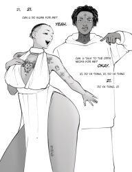 Rule 34 | 1boy, 1girl, 21 savage, animal, animification, ape, arm tattoo, beard, breast tattoo, breasts, cleavage cutout, clothing cutout, commentary, drake (rapper), dreadlocks, dress, earrings, english commentary, english text, facial hair, forehead tattoo, genderswap, genderswap (mtf), halter dress, halterneck, hand on own chest, highres, hip hop, hood, hoodie, jewelry, large breasts, lyrics, mustache, neck tattoo, open mouth, pointing, real life, short hair, soul patch, stubble, tattoo, thick thighs, thighs, twitter username, yblndr
