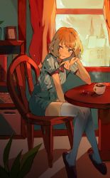 Rule 34 | 1girl, between legs, bibibotan, blue eyes, blue shirt, blue shorts, blue thighhighs, blush, book, bookshelf, brown hair, building, candy, chair, closed mouth, coffee cup, commentary, cup, curtains, disposable cup, elbows on table, food, full body, hand between legs, highres, indoors, light particles, looking at viewer, medium hair, mole, mole under eye, original, picture frame, plant, purple footwear, shirt, short sleeves, shorts, sitting, slippers, smile, solo, striped clothes, striped shirt, table, thighhighs, window