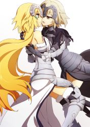 Rule 34 | 2girls, armor, bare shoulders, blonde hair, blue eyes, breasts, capelet, chain, dual persona, fate/grand order, fate (series), fur trim, gauntlets, greaves, headpiece, hug, imminent kiss, jeanne d&#039;arc (fate), jeanne d&#039;arc (ruler) (fate), jeanne d&#039;arc (third ascension) (fate), jeanne d&#039;arc alter (avenger) (fate), jeanne d&#039;arc alter (fate), long hair, multiple girls, oiun, open mouth, parted lips, ruler (fate/grand order), selfcest, short hair, thighhighs, yellow eyes, yuri