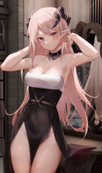 Rule 34 | 1girl, armpits, arms up, bare arms, bare shoulders, black dress, breasts, cleavage, covered navel, cowboy shot, detached collar, dress, frown, halter dress, halterneck, highres, horns, long hair, looking at viewer, medium breasts, mirror, mole, mole under eye, no panties, original, pelvic curtain, pointy ears, red eyes, reflection, resolution mismatch, ru zhai, sleeveless, sleeveless dress, slit pupils, solo, source larger, spaghetti strap, thighs, white hair