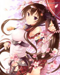 Rule 34 | 10s, 1girl, anchor, arched back, breasts, brown eyes, brown hair, cherry blossoms, headgear, holding, kantai collection, kyuri tizu, large breasts, long hair, looking at viewer, looking to the side, microskirt, oil-paper umbrella, petals, skirt, smile, solo, branch, twitter username, umbrella, very long hair, white background, wind, wind lift, yamato (kancolle)