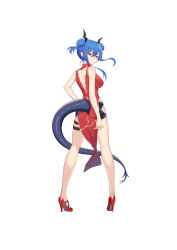 Rule 34 | 1girl, absurdres, arknights, backless dress, backless outfit, bare arms, bare legs, bare shoulders, black shorts, blue hair, breasts, ch&#039;en (ageless afterglow) (arknights), ch&#039;en (arknights), china dress, chinese clothes, double bun, dragon horns, dragon tail, dress, from behind, full body, hair between eyes, hair bun, heijiaobingjiling, high heels, highres, horns, long hair, looking at viewer, looking back, medium breasts, official alternate costume, pelvic curtain, pink eyes, red dress, red footwear, short shorts, shorts, simple background, sleeveless, sleeveless dress, smile, solo, standing, tail, thigh strap, thighs, white background