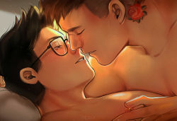 Rule 34 | 2boys, artist name, black hair, couple, david king (dead by daylight), dead by daylight, dessa nya, dwight fairfield, closed eyes, glasses, hand on another&#039;s chest, highres, incoming kiss, looking at another, male focus, multiple boys, neck tattoo, nipples, parted lips, pectorals, scar, scar on face, scar on nose, short hair, tattoo, topless male, undercut, yaoi