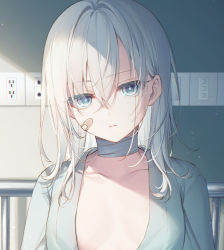 Rule 34 | 1girl, bandaid, bandaid on cheek, bandaid on face, bed, blue eyes, closed mouth, copyright request, electrical outlet, electrical outlet, expressionless, grey hair, hair between eyes, head tilt, hospital, hospital bed, hospital gown, looking at viewer, medium hair, solo, toosaka asagi