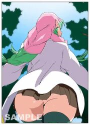 Rule 34 | 1girl, animated, animated gif, ass, ass focus, backboob, black panties, breasts, coat, curvy, eiden, from behind, gradient hair, green eyes, green hair, green thighhighs, huge ass, kanroji mitsuri, kimetsu no yaiba, large breasts, long hair, looking at viewer, looking back, multicolored hair, panties, pink hair, running, shiny skin, skirt, solo, thick thighs, thighhighs, thighs, twintails, underwear, wide hips