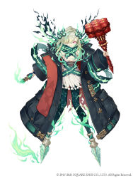 Rule 34 | 1girl, alternate hair length, alternate hairstyle, angry, breasts, clenched teeth, coat, corruption, crystal, explosive, full body, glowing, glowing eyes, green hair, grenade, hair over one eye, highres, ji no, little match girl (sinoalice), long hair, looking at viewer, molotov cocktail, no feet, official art, oversized clothes, red eyes, scarf, scowl, sinoalice, small breasts, solo, square enix, tattoo, teeth, torn clothes, white background