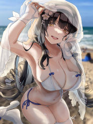 Rule 34 | 1girl, absurdres, armpits, arms up, beach, bikini, blurry, blurry background, breasts, brown eyes, brown hair, cleavage, collarbone, feet out of frame, finellen, flower, girls&#039; frontline, girls&#039; frontline neural cloud, gloves, hair flower, hair ornament, hairband, highres, large breasts, light blush, long hair, looking at viewer, navel, official alternate costume, on ground, open mouth, parted lips, partially fingerless gloves, slippers, smile, solo, swimsuit, teeth, thighhighs, type 95 (girls&#039; frontline), type 95 (summer cicada) (girls&#039; frontline), upper teeth only, veil, white bikini, white gloves, white hairband, white thighhighs