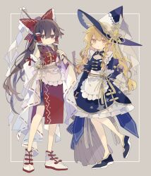 Rule 34 | 2girls, absurdres, adapted costume, apron, blonde hair, blue dress, blue footwear, blue headwear, bow, braid, brown eyes, brown hair, closed mouth, commentary request, detached sleeves, dress, frilled hair tubes, frills, full body, gohei, grey background, hair tubes, hakurei reimu, hand on own hip, hand up, hat, highres, holding, holding gohei, kirisame marisa, long hair, long sleeves, looking at viewer, multiple girls, nikorashi-ka, red bow, red skirt, red vest, ribbon-trimmed sleeves, ribbon trim, shoes, simple background, single braid, skirt, smile, touhou, very long hair, vest, white apron, white footwear, white sleeves, wide sleeves, witch hat, yellow eyes