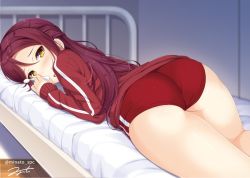 Rule 34 | 1girl, ass, bad id, bad twitter id, bed, blush, buruma, gym uniform, jacket, long hair, long sleeves, looking at viewer, looking back, love live!, love live! sunshine!!, lying, minato spc, on stomach, open mouth, red hair, sakurauchi riko, sidelocks, sleeves past wrists, solo, spoon, thighs, track jacket, yellow eyes