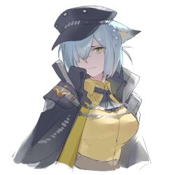 Rule 34 | 1girl, animal ears, arknights, black hat, black jacket, blue hair, breasts, collared shirt, commentary, cropped torso, cyanord k, delphine (arknights), frown, hat, highres, jacket, large breasts, light blue hair, looking at viewer, looking to the side, open clothes, open jacket, shirt, short hair, simple background, sketch, solo, white background, yellow eyes, yellow shirt
