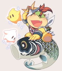 Rule 34 | 1boy, :d, arm up, bandana, bowser jr., bracelet, children&#039;s day, claws, fang, full body, grey background, hat, holding, holding clothes, holding hat, horns, hoshikuzu pan, jewelry, koinobori, looking at viewer, luma (mario), male focus, mario (series), nintendo, no humans, open mouth, paper hat, red hair, shell, simple background, smile, sparkle, spiked shell, spikes, super mario galaxy, v-shaped eyebrows, white bandana, windsock