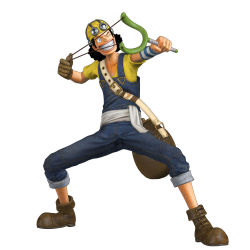 Rule 34 | 1boy, 3d, bag, black hair, full body, gloves, goggles, male focus, marksman, official art, one piece, one piece: pirate warriors, overalls, sash, simple background, slingshot (weapon), solo, usopp, weapon