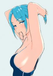 Rule 34 | 1girl, blue eyes, blue hair, breasts, closed mouth, from side, grey background, hair tie, hair tie in mouth, hi iro, highres, looking at viewer, looking to the side, medium breasts, mouth hold, original, ponytail, short hair, sideboob, simple background, smile, solo, tying hair