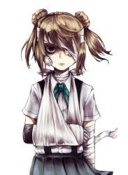 Rule 34 | 1girl, arm sling, bags under eyes, bandages, bandage over one eye, bandaged arm, bandaged head, bandaged neck, bandages, brown eyes, cast, double bun, empty eyes, expressionless, kantai collection, kurou (bcrow), light brown hair, michishio (kancolle), school uniform, solo, suspenders