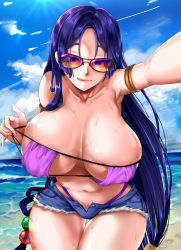 Rule 34 | 1girl, absurdres, armlet, aviator sunglasses, bare shoulders, beach, beads, bikini, blue eyes, blue hair, blue shorts, blue sky, blush, breasts, cleavage, closed mouth, collarbone, denim, denim shorts, eyepatch bikini, fate/grand order, fate (series), foxyreine, hair ornament, highres, large breasts, leaning forward, licking lips, long hair, looking at viewer, low-tied long hair, minamoto no raikou (fate), minamoto no raikou (fate/grand order), minamoto no raikou (swimsuit lancer) (fate), navel, ocean, orange-tinted eyewear, orange-tinted glasses, outstretched arm, parted bangs, photoshop (medium), purple-tinted eyewear, purple-tinted glasses, purple eyes, purple hair, shore, short shorts, shorts, sky, smile, sun, sunglasses, sunlight, swimsuit, thighs, tinted eyewear, tongue, tongue out, very long hair, wet
