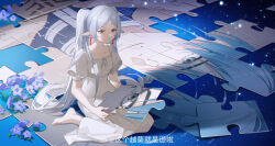 Rule 34 | 1girl, absurdres, barefoot, blue eyes, blue flower, blue hair, closed mouth, collarbone, commentary request, dress, earrings, expressionless, flower, frieren, full body, green eyes, highres, himmel (sousou no frieren), holding puzzle piece, jewelry, jigsaw puzzle, long hair, nemophila (flower), pointy ears, puzzle, puzzle piece, ripples, sitting, solo, sousou no frieren, star (sky), star (symbol), starry background, twintails, very long hair, weibo watermark, white dress, white hair, yuekui