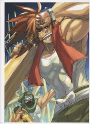 Rule 34 | absurdres, arc system works, blazblue, bracelet, brown eyes, brown hair, highres, jewelry, male focus, manly, muscular, ninja, official art, scan, scar, shishigami bang, solo, towel