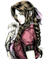 Rule 34 | 1girl, aerith gainsborough, braid, breast pocket, breasts, brown hair, final fantasy, final fantasy vii, final fantasy vii remake, flower, green eyes, hand up, highres, jacket, jewelry, lips, long hair, looking at viewer, makeup, medium breasts, open clothes, open jacket, parted bangs, pink lips, pocket, red jacket, short sleeves, sidelocks, signature, simple background, single braid, solo, stanley lau, third-party edit, upper body, white background, wristband