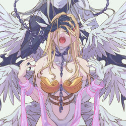 Rule 34 | 2girls, angel and devil, angel wings, angewomon, armor, bare shoulders, black bodysuit, blonde hair, bodysuit, breastplate, breasts, chain, chain between breasts, clothing cutout, colored skin, covering another&#039;s eyes, digimon, digimon (creature), feathered wings, futa yuri ryona, gloves, grey hair, grey skin, head out of frame, head wings, highres, hip vent, ladydevimon, large breasts, multiple girls, multiple wings, no headwear, o-ring, open mouth, pink lips, pink ribbon, purple lips, ribbon, simple background, single glove, smirk, stomach cutout, tongue, torn bodysuit, torn clothes, white background, white gloves, wings, yuri