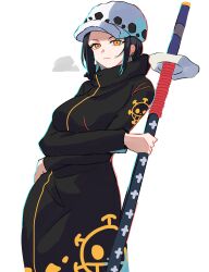 Rule 34 | 1girl, absurdres, black coat, black hair, breasts, closed mouth, coat, cowboy shot, crossed arms, earrings, expressionless, from side, genderswap, genderswap (mtf), hat, highres, holding, holding sword, holding weapon, jewelry, jolly roger, kasuga kaya, leaning back, looking at viewer, medium breasts, nose, one piece, short hair, sidelocks, solo, standing, sword, trafalgar law, tsurime, weapon, white background, white hat, yellow eyes, zipper