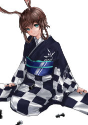 Rule 34 | 1girl, absurdres, alternate costume, alternate hairstyle, amiya (arknights), animal ears, arknights, arms at sides, blue eyes, brown hair, checkered clothes, checkered kimono, chess piece, full body, hair rings, highres, japanese clothes, jewelry, kimono, king (chess), long sleeves, looking at viewer, maria (syake-uni), obi, pawn (chess), queen (chess), rabbit ears, rabbit girl, ring, rook (chess), sash, seiza, short hair, sitting, solo