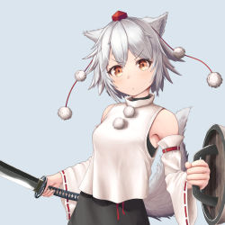 Rule 34 | 1girl, animal ears, black skirt, blue background, blush, breasts, closed mouth, detached sleeves, dutch angle, hat, head tilt, highres, holding, holding shield, holding sword, holding weapon, inubashiri momiji, katana, medium breasts, orange eyes, parted bangs, pom pom (clothes), rancha, shield, short hair, silver hair, simple background, skirt, sleeveless, sleeveless turtleneck, sword, tail, tokin hat, touhou, turtleneck, upper body, v-shaped eyebrows, weapon, wolf ears, wolf tail