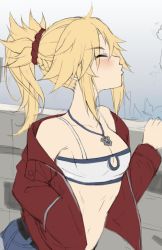 Rule 34 | 1girl, absurdres, bare shoulders, blonde hair, blush, braid, breasts, cleavage, denim, fate/apocrypha, fate (series), highres, jacket, jeans, jewelry, kiss, long hair, long sleeves, mordred (fate), mordred (fate/apocrypha), mordred (memories at trifas) (fate), navel, necklace, off-shoulder jacket, off shoulder, pants, ponytail, red jacket, red scrunchie, scrunchie, shirt, short shorts, shorts, small breasts, solo, tonee, unfinished, white shirt