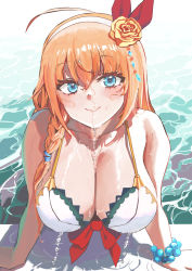 Rule 34 | 1girl, bikini, blue eyes, blush, bracelet, breasts, chen bingyou, cleavage, hairband, highres, jewelry, large breasts, long hair, looking at viewer, orange hair, partially submerged, pecorine (princess connect!), pecorine (summer) (princess connect!), pool, princess connect!, smile, solo, swimsuit, wet, white bikini