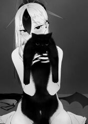 Rule 34 | 1girl, absurdres, animal, barefoot, blue archive, blush, cat, earclip, feet, fingernails, greyscale, hair between eyes, halo, highres, holding, holding animal, holding cat, horns, kayoko (blue archive), looking at viewer, low wings, monochrome, negiuma, nude, single wing, sitting, two side up, unworn clothes, wariza, wings
