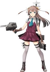 Rule 34 | 1girl, blouse, blue neckwear, boots, brown hair, cannon, cross-laced footwear, fingerless gloves, fujikawa, full body, gloves, grey eyes, grey thighhighs, hair ribbon, kantai collection, kazagumo (kancolle), lace-up boots, legs apart, long hair, machinery, necktie, official art, pleated skirt, ponytail, purple skirt, ribbon, rigging, rudder footwear, shirt, short sleeves, skirt, smokestack, standing, thighhighs, torpedo, transparent background, tsurime, turret, two-tone vest, v-shaped eyebrows, vest, white shirt, zettai ryouiki