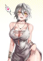 Rule 34 | 1girl, bandaged arm, bandages, bracelet, breasts, burn scar, choker, cleavage, clothes lift, code vein, collarbone, contrapposto, deep skin, dress, dress lift, fangs, hair between eyes, head tilt, heart, highres, io (code vein), jewelry, large breasts, looking at viewer, medium hair, necklace, no bra, pendant, scar, scar on leg, silver hair, solo, spaghetti strap, spoken heart, torn clothes, torn dress, vampire, velminth, wide hips, yellow eyes