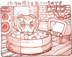 Rule 34 | 1girl, ball pit, brick wall, commentary request, kemono friends, kemono friends pavilion, looking at viewer, monochrome, northern white-faced owl (kemono friends), open mouth, playground equipment (kemono friends pavilion), red theme, sakino shingetsu, sketch, source quote, speaker, television, translated, wooden floor