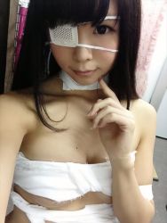 Rule 34 | 1girl, asian, bandages, bandages, breasts, character request, cosplay, eyepatch, finger to face, finger to own chin, idol, itsuki akira, japanese (nationality), large breasts, mole, mole on breast, naked bandage, photo (medium), solo, underboob