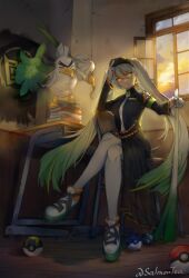 Rule 34 | 1girl, absurdres, armband, book, book stack, chair, creatures (company), crossed legs, delinquent, desk, detached sleeves, fighting miku (project voltage), food, game freak, gen 8 pokemon, gloves, great ball, green armband, hand on headwear, hatsune miku, highres, holding, holding food, holding spring onion, holding vegetable, long hair, looking at viewer, multicolored hair, necktie, nintendo, orange trim, poke ball, pokemon, pokemon (creature), project voltage, quick ball, salmontea, school desk, shoes, single detached sleeve, sirfetch&#039;d, sitting, sneakers, spring onion, thighhighs, twintails, ultra ball, vegetable, very long hair, visor cap, vocaloid, white gloves, white hair, white thighhighs, window