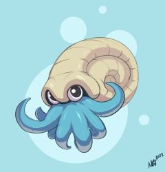 Rule 34 | absurdres, artist name, black eyes, blue background, creatures (company), dated, game freak, gen 1 pokemon, highres, nicholas theil, nintendo, no humans, omanyte, pokemon, pokemon (creature), shell, shiny skin, signature, simple background, solo, tentacles, two-tone background