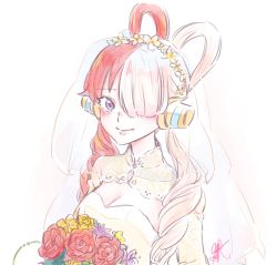 Rule 34 | 1girl, absurdres, artist request, breasts, bridal veil, cleavage, dress, flower knot, headphones, highres, lips, long hair, looking at viewer, multicolored hair, one piece, one piece film: red, smile, solo, two-tone hair, uta (one piece), veil, very long hair, wedding dress, white background, white dress