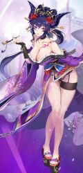 Rule 34 | 1girl, bare shoulders, breasts, cleavage, collarbone, garter straps, horns, japanese clothes, large breasts, long hair, official art, pointy ears, ponytail, queen&#039;s blade, queen&#039;s blade limit break, sandals, werbellia