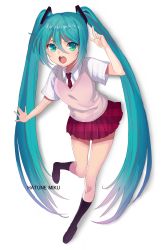 Rule 34 | 1girl, aqua hair, bad id, bad pixiv id, character name, elizabeth (erika123), green eyes, hatsune miku, highres, kneehighs, long hair, necktie, open mouth, pointing, school uniform, skirt, socks, solo, sweater vest, twintails, very long hair, vocaloid, white background