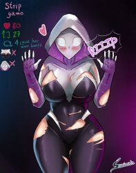 Rule 34 | 1girl, absurdres, blush, bodysuit, breasts, commentary, covered collarbone, covered navel, english commentary, english text, gradient background, gwen stacy, hands up, heart, highres, hood, hood up, hooded bodysuit, large breasts, looking at viewer, marvel, meme, sarizuh, simple background, solo, spider-gwen, spider-man (series), spider web print, standing, superhero costume, thick thighs, thighs, torn bodysuit, torn clothes, twitter strip game (meme)