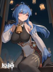 Rule 34 | 1girl, absurdres, ahoge, bare shoulders, bell, black gloves, blue hair, bodystocking, breasts, chinese knot, cowbell, detached sleeves, flower knot, ganyu (genshin impact), genshin impact, gloves, goat horns, gold trim, hand up, highres, horns, lantern, large breasts, leotard, leotard under clothes, light smile, long hair, looking at viewer, low ponytail, neck bell, pantyhose, purple eyes, qingxin flower, shikube, sidelocks, sitting, smile, solo, thighlet, white sleeves