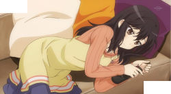 Rule 34 | 1girl, black hair, brown eyes, brown hair, closed mouth, couch, dot nose, ichijou hotaru, indoors, long hair, lying, non non biyori, remote, screencap, stitched, third-party edit, tv remote