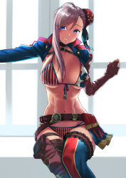 Rule 34 | 1girl, abs, american flag bikini, bikini, blue thighhighs, blush, breasts, brown gloves, commentary request, embarrassed, fate/grand order, fate (series), fingerless gloves, flag print, gloves, highres, lapels, large breasts, long hair, looking at viewer, miyamoto musashi (fate), miyamoto musashi (swimsuit berserker) (second ascension) (fate), multicolored thighhighs, navel, notched lapels, rama (amaru), red thighhighs, shrug (clothing), solo, swimsuit, thighhighs, thighs
