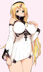 Rule 34 | 1girl, atago (kancolle), blonde hair, blush, breasts, cosplay, covered erect nipples, detached sleeves, dress, female focus, hat, horns, kantai collection, large breasts, long hair, looking at viewer, pink background, ribbed dress, seaport hime (cosplay), seaport princess, shinjiro, short dress, sideboob, simple background, single horn, smile, solo, standing, thighs, very long hair, white background, white hat