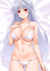 Rule 34 | 1girl, bare shoulders, bikini, blush, breasts, cleavage, collarbone, commentary request, engo (aquawatery), gluteal fold, grey hair, large breasts, long hair, looking at viewer, lying, lyrical nanoha, mahou shoujo lyrical nanoha, mahou shoujo lyrical nanoha a&#039;s, midriff, navel, on back, red eyes, reinforce, solo, swimsuit, very long hair, white bikini