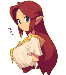 Rule 34 | 1girl, blue eyes, blush, breasts, closed mouth, cropped arms, cropped torso, dress, forehead, from side, large breasts, long hair, looking at viewer, looking to the side, malon, metata, nintendo, pointy ears, red hair, short sleeves, simple background, smile, solo, the legend of zelda, the legend of zelda: ocarina of time, translation request, upper body, white background, white dress