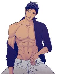 1boy a_jou abs aomine_daiki bare_pectorals black_hair black_shirt collarbone collared_shirt dark-skinned_male dark_skin groin hand_in_pants kuroko_no_basuke licking_lips looking_to_the_side male_focus navel nipples open_mouth pants pectorals shirt shirt_partially_removed short_hair sideways_glance simple_background single_bare_shoulder solo teeth tongue tongue_out upper_teeth_only white_background white_pants